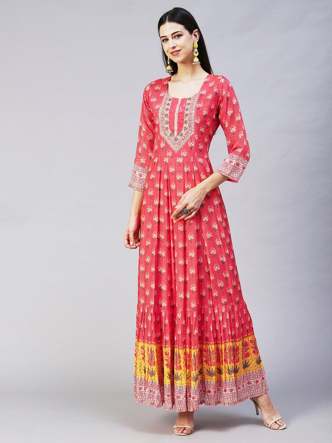 Floral Printed Hand Embroidered Pleated Maxi Dress - Coral - Indiakreations