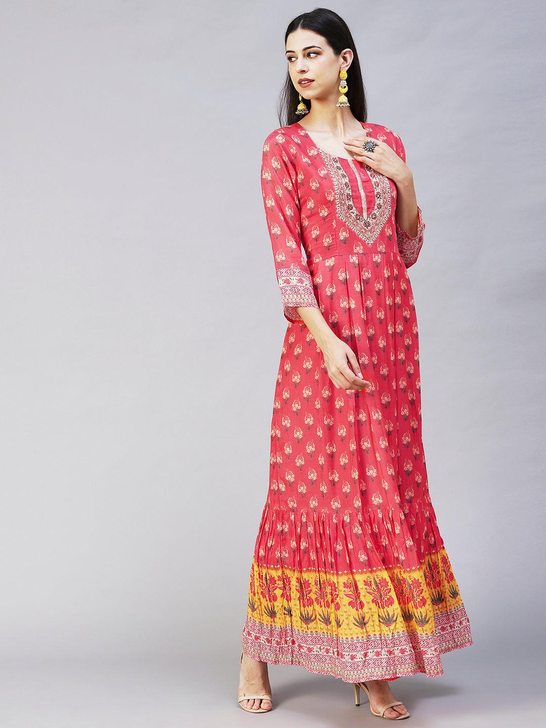 Floral Printed Hand Embroidered Pleated Maxi Dress - Coral - Indiakreations