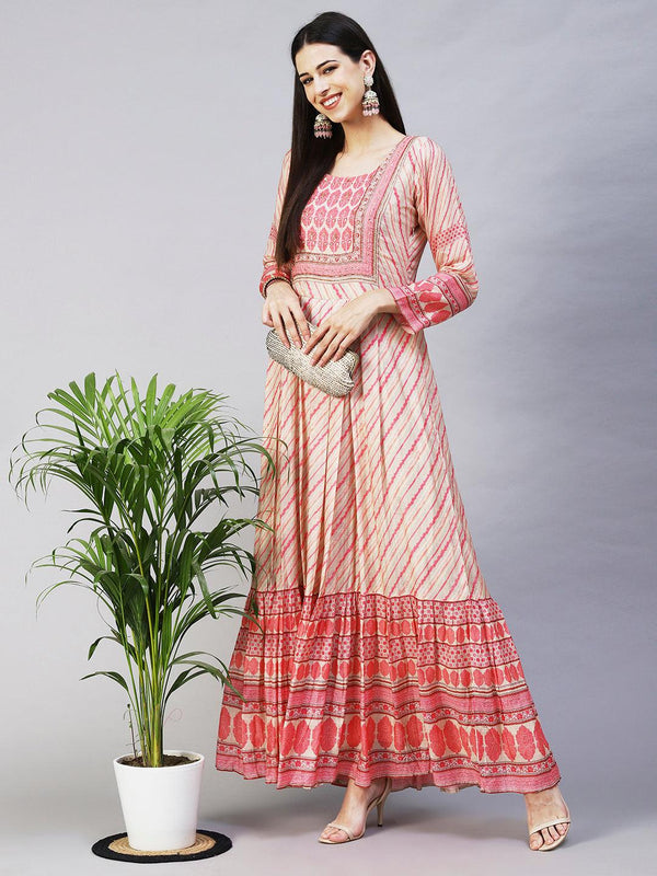 Ethnic Printed Hand Embroidered Pleated Maxi Dress - Pink & Beige - Indiakreations