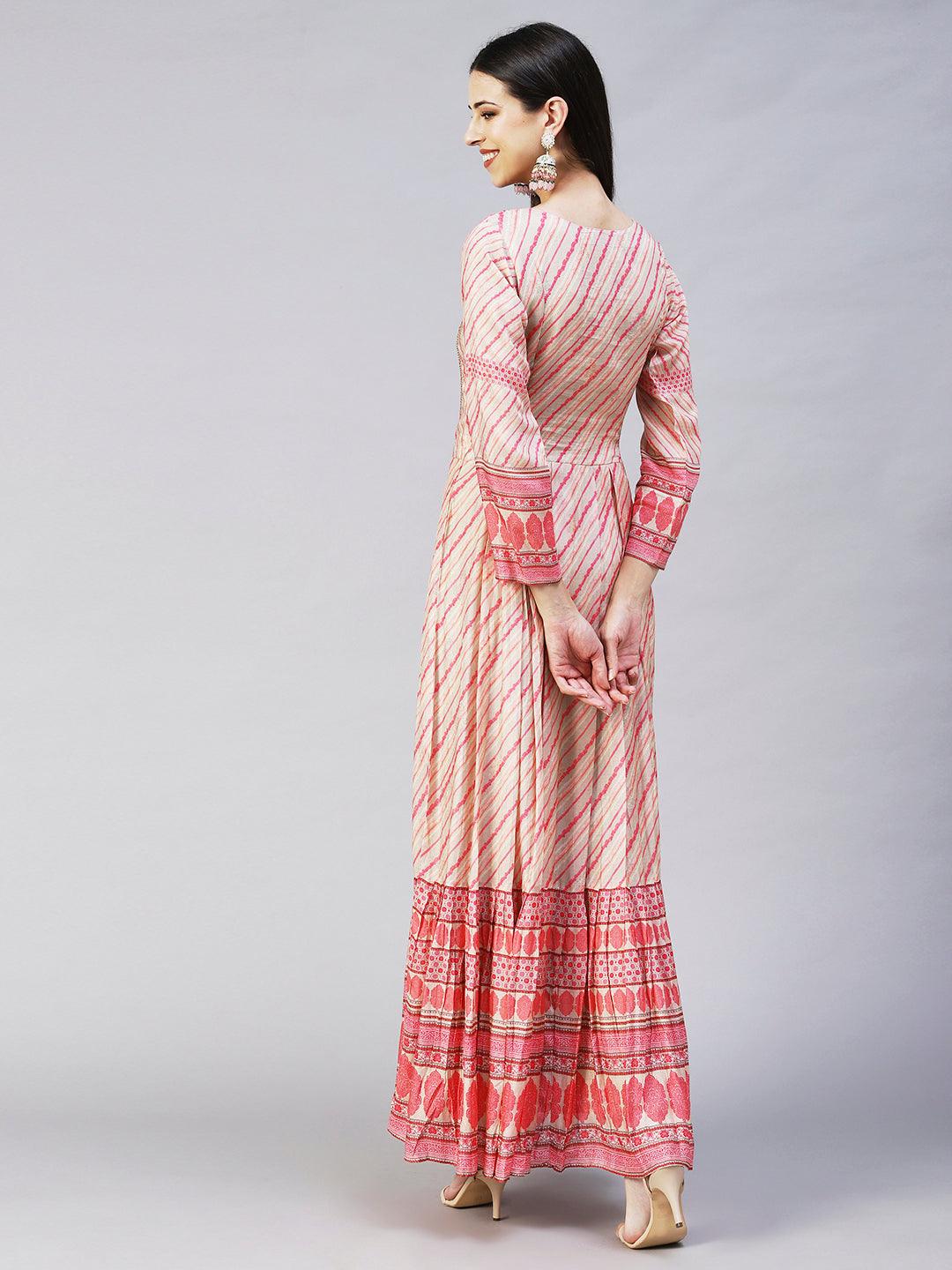 Ethnic Printed Hand Embroidered Pleated Maxi Dress - Pink & Beige - Indiakreations