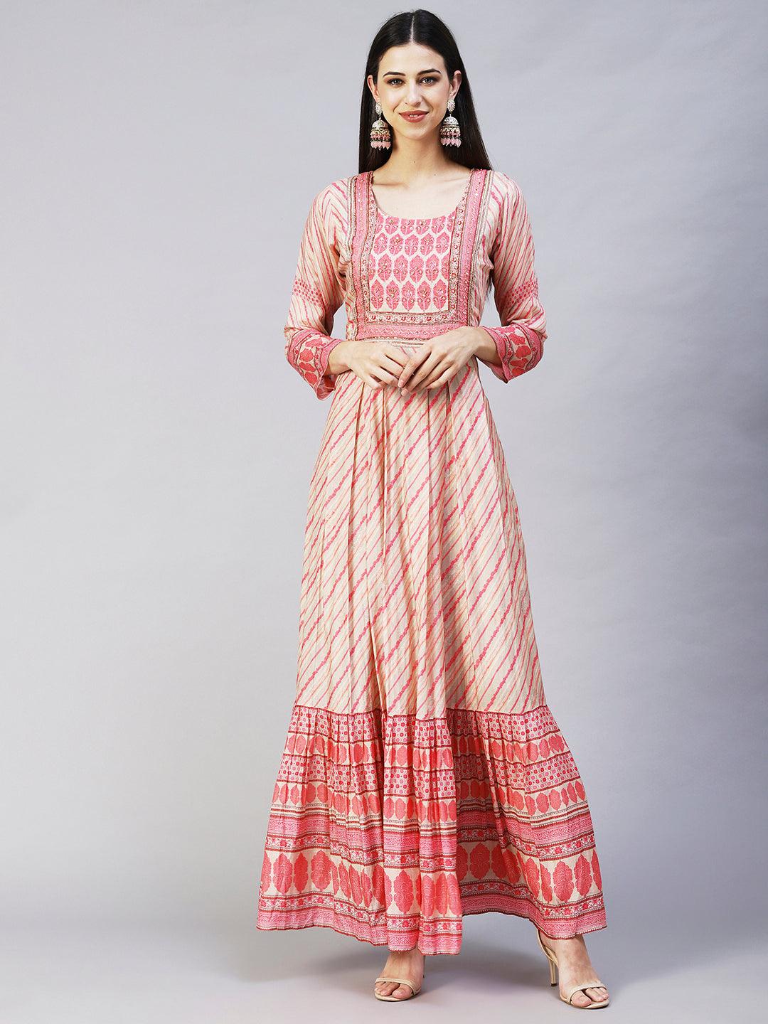 Ethnic Printed Hand Embroidered Pleated Maxi Dress - Pink & Beige - Indiakreations