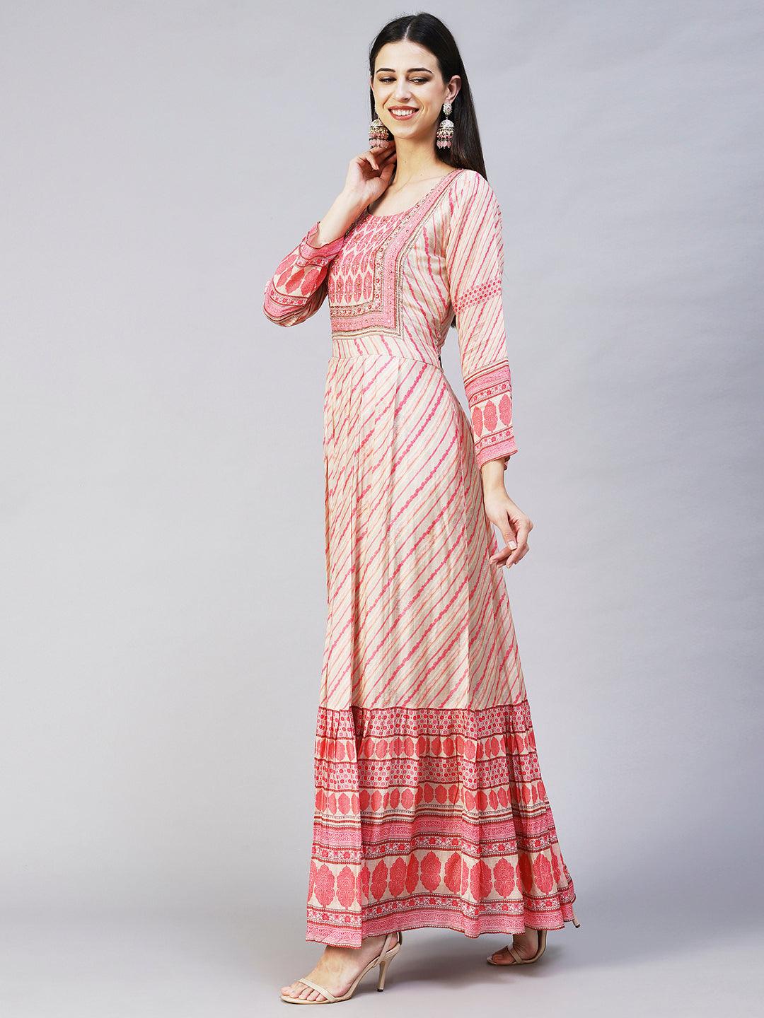 Ethnic Printed Hand Embroidered Pleated Maxi Dress - Pink & Beige - Indiakreations