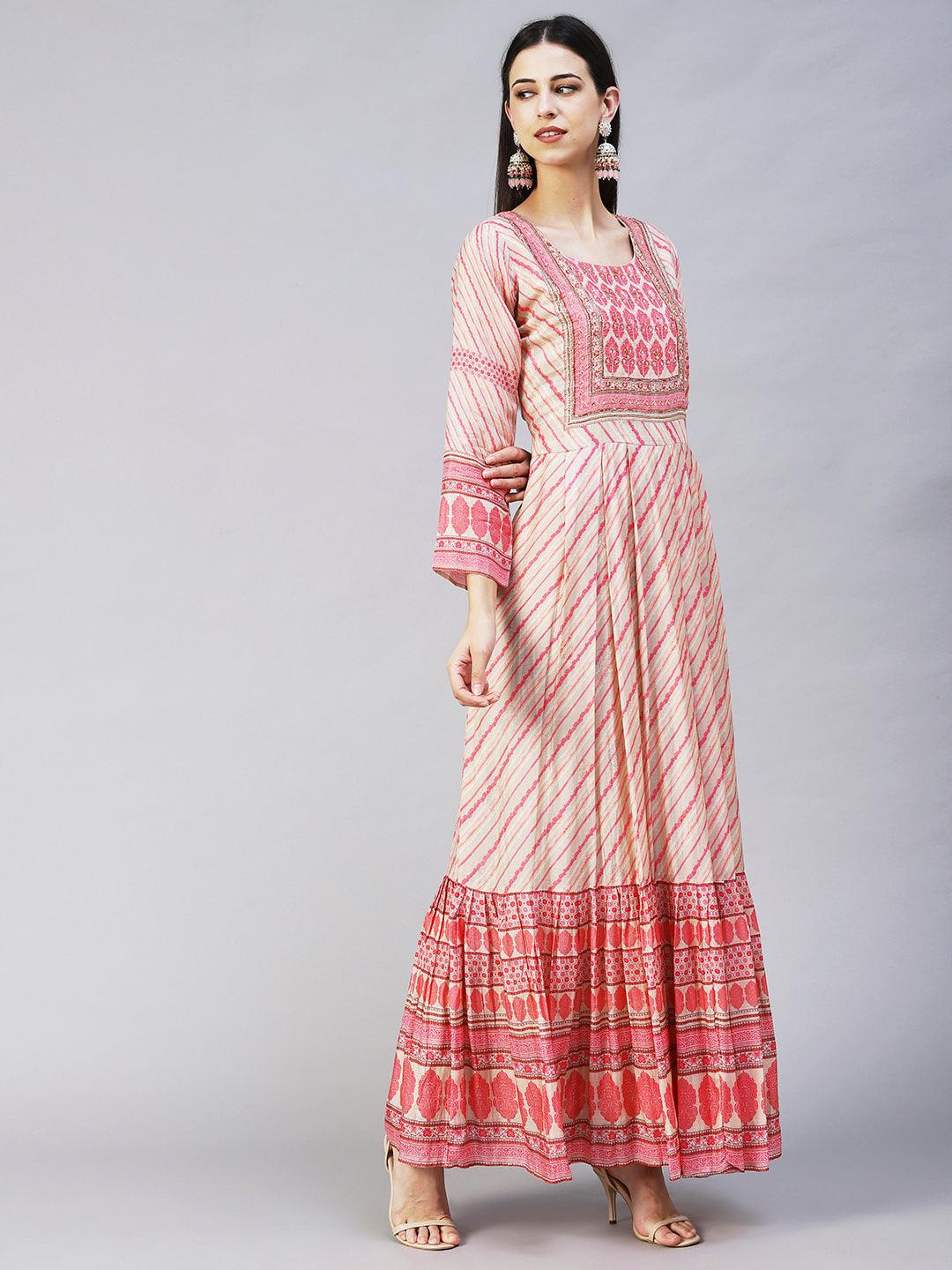 Ethnic Printed Hand Embroidered Pleated Maxi Dress - Pink & Beige - Indiakreations