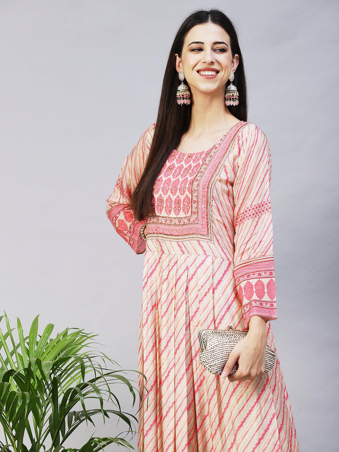 Ethnic Printed Hand Embroidered Pleated Maxi Dress - Pink & Beige - Indiakreations