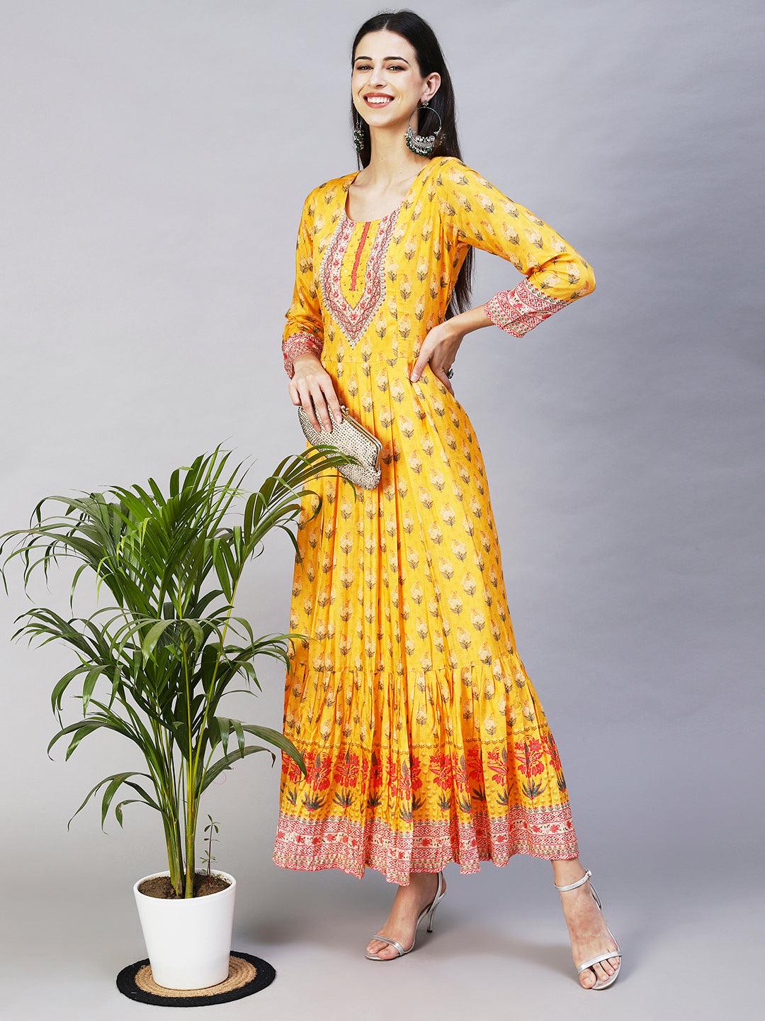 Floral Printed Hand Embroidered Pleated Maxi Dress - Yellow - Indiakreations