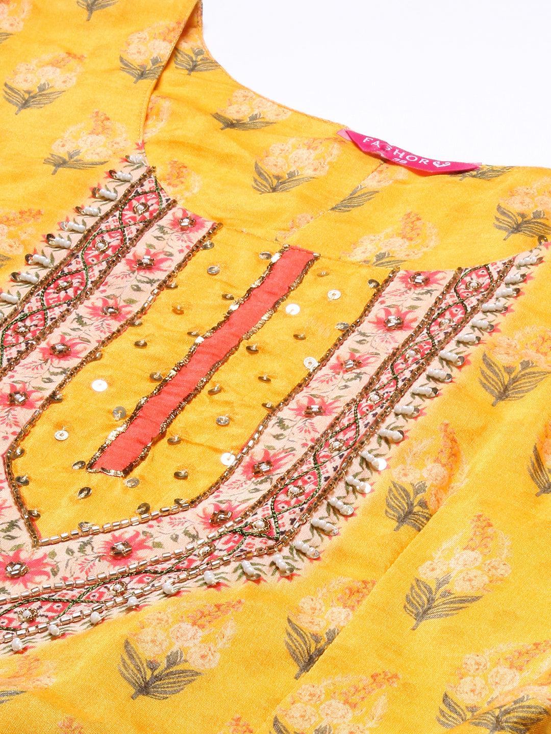 Floral Printed Hand Embroidered Pleated Maxi Dress - Yellow - Indiakreations