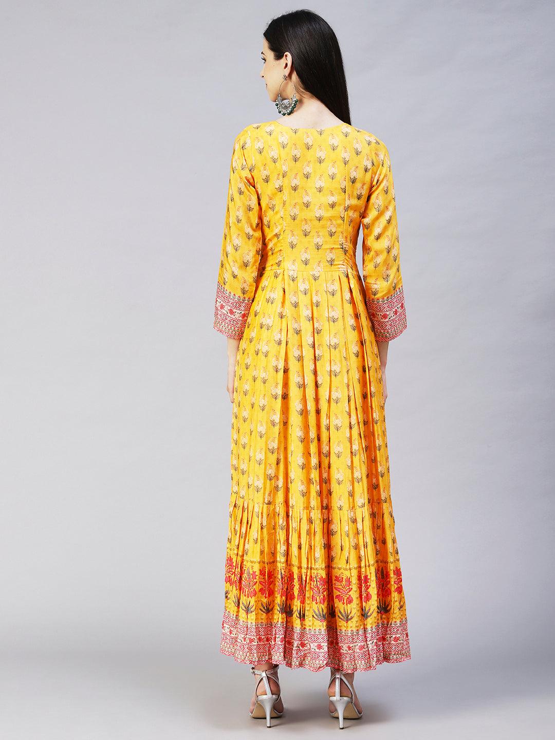 Floral Printed Hand Embroidered Pleated Maxi Dress - Yellow - Indiakreations