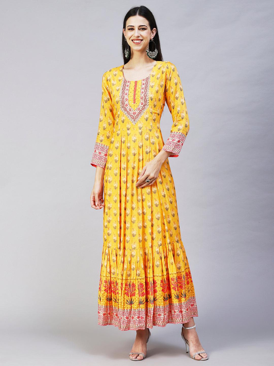 Floral Printed Hand Embroidered Pleated Maxi Dress - Yellow - Indiakreations