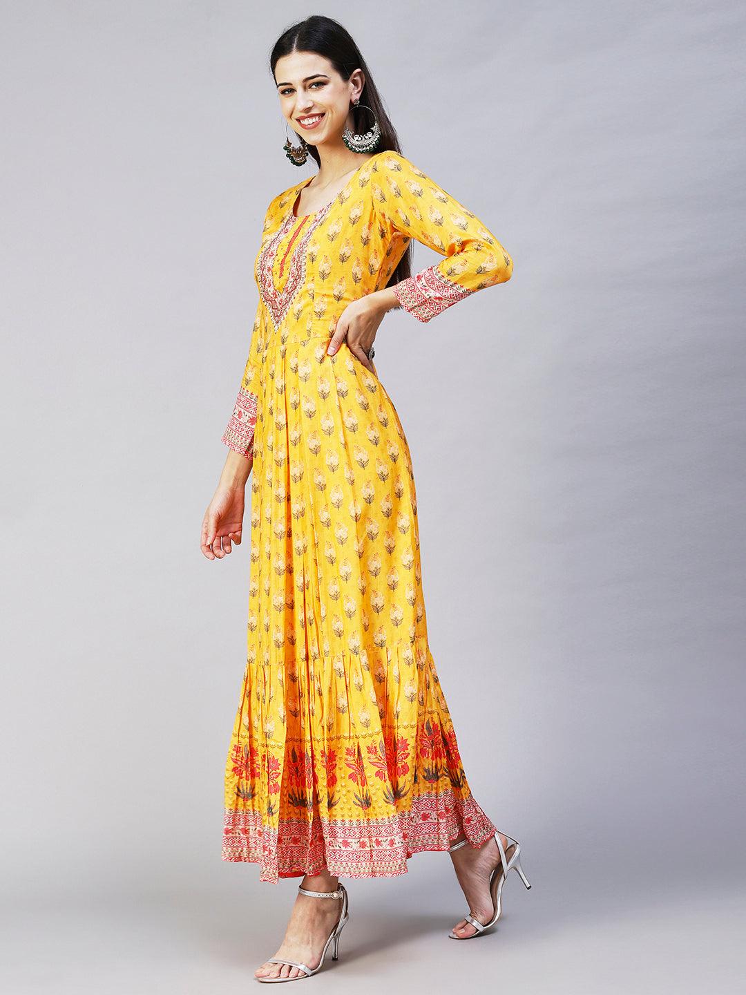 Floral Printed Hand Embroidered Pleated Maxi Dress - Yellow - Indiakreations