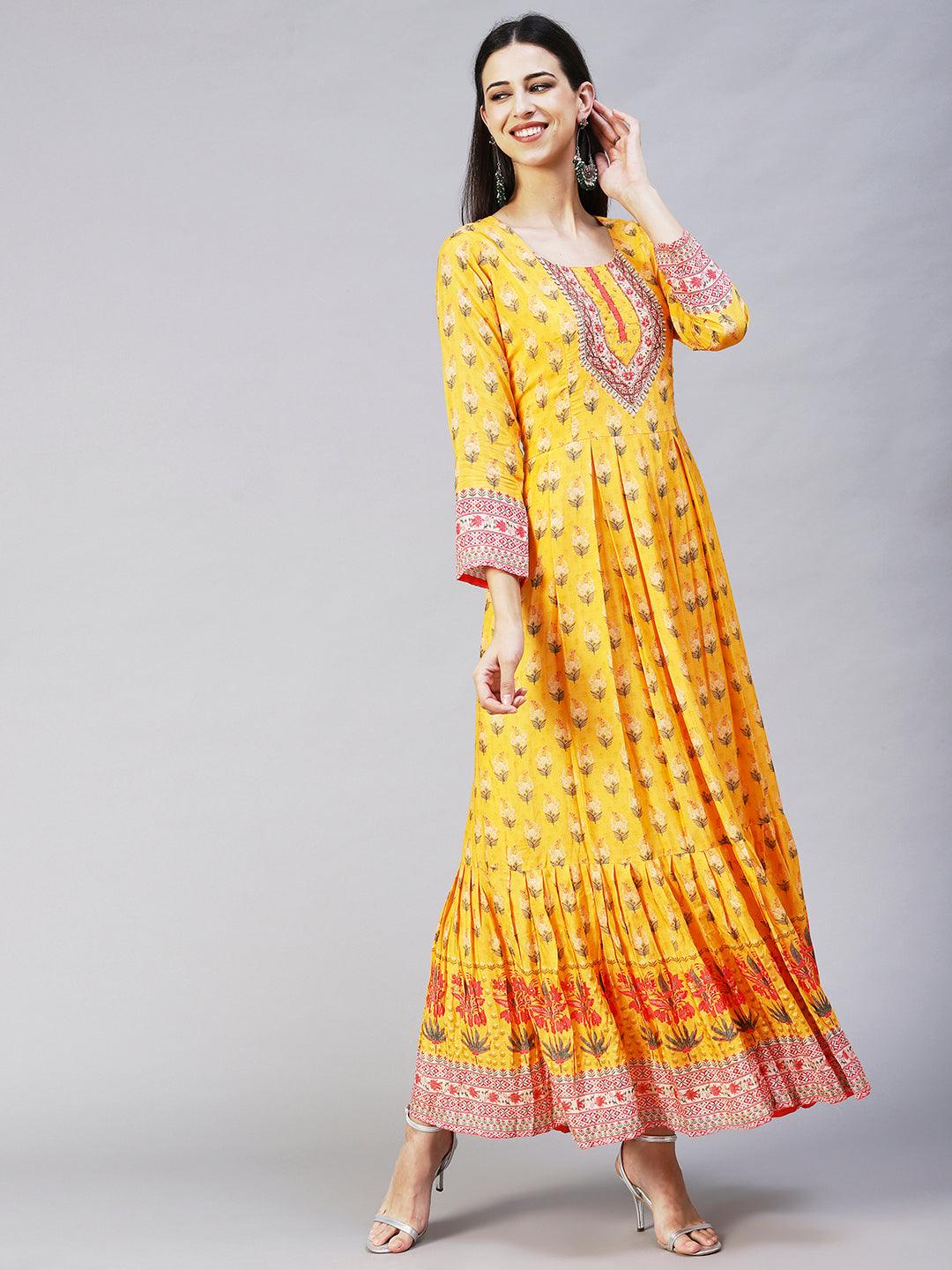 Floral Printed Hand Embroidered Pleated Maxi Dress - Yellow - Indiakreations