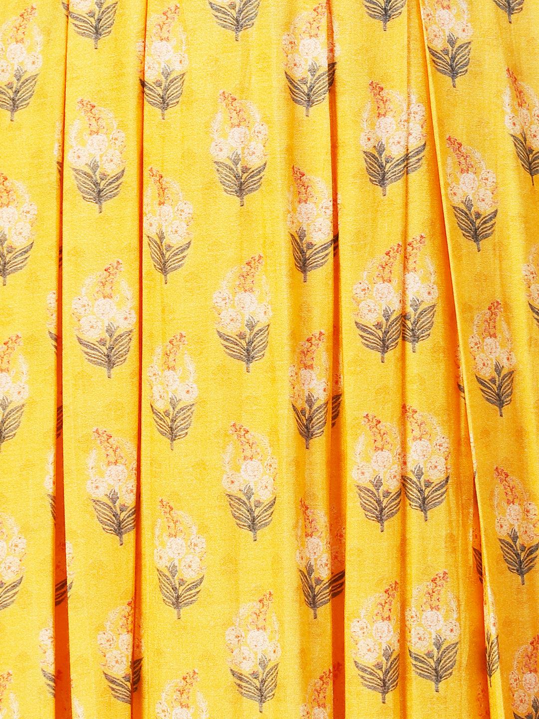 Floral Printed Hand Embroidered Pleated Maxi Dress - Yellow - Indiakreations