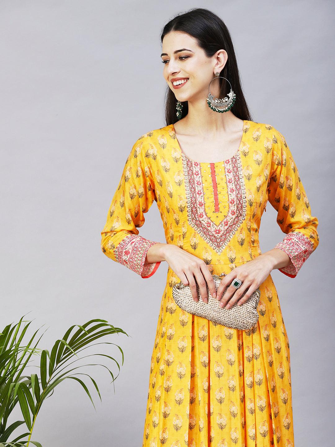 Floral Printed Hand Embroidered Pleated Maxi Dress - Yellow - Indiakreations