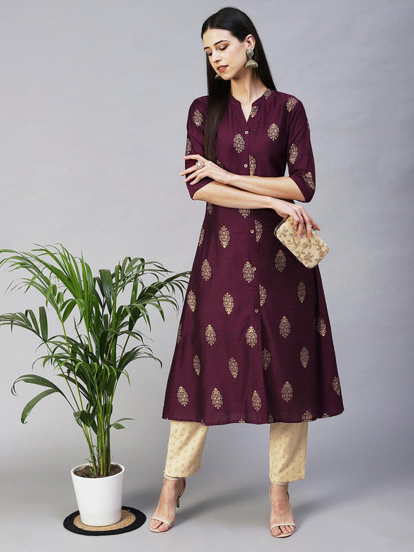 Ethnic Printed A-Line Kurta - Magenta - Indiakreations