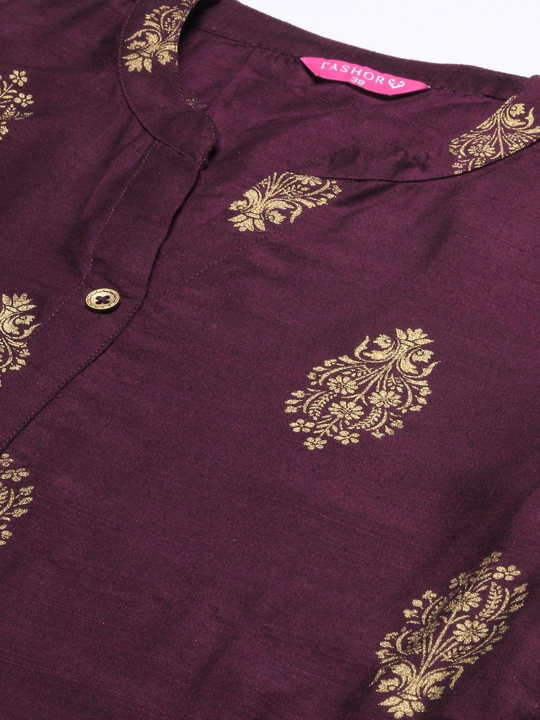 Ethnic Printed A-Line Kurta - Magenta - Indiakreations