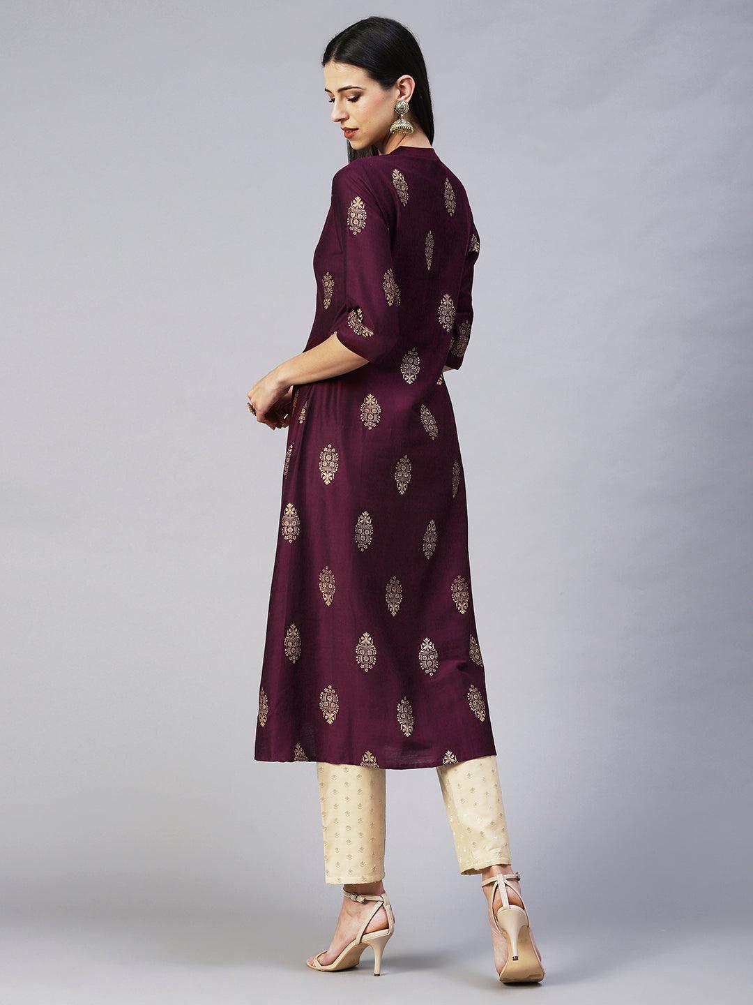 Ethnic Printed A-Line Kurta - Magenta - Indiakreations