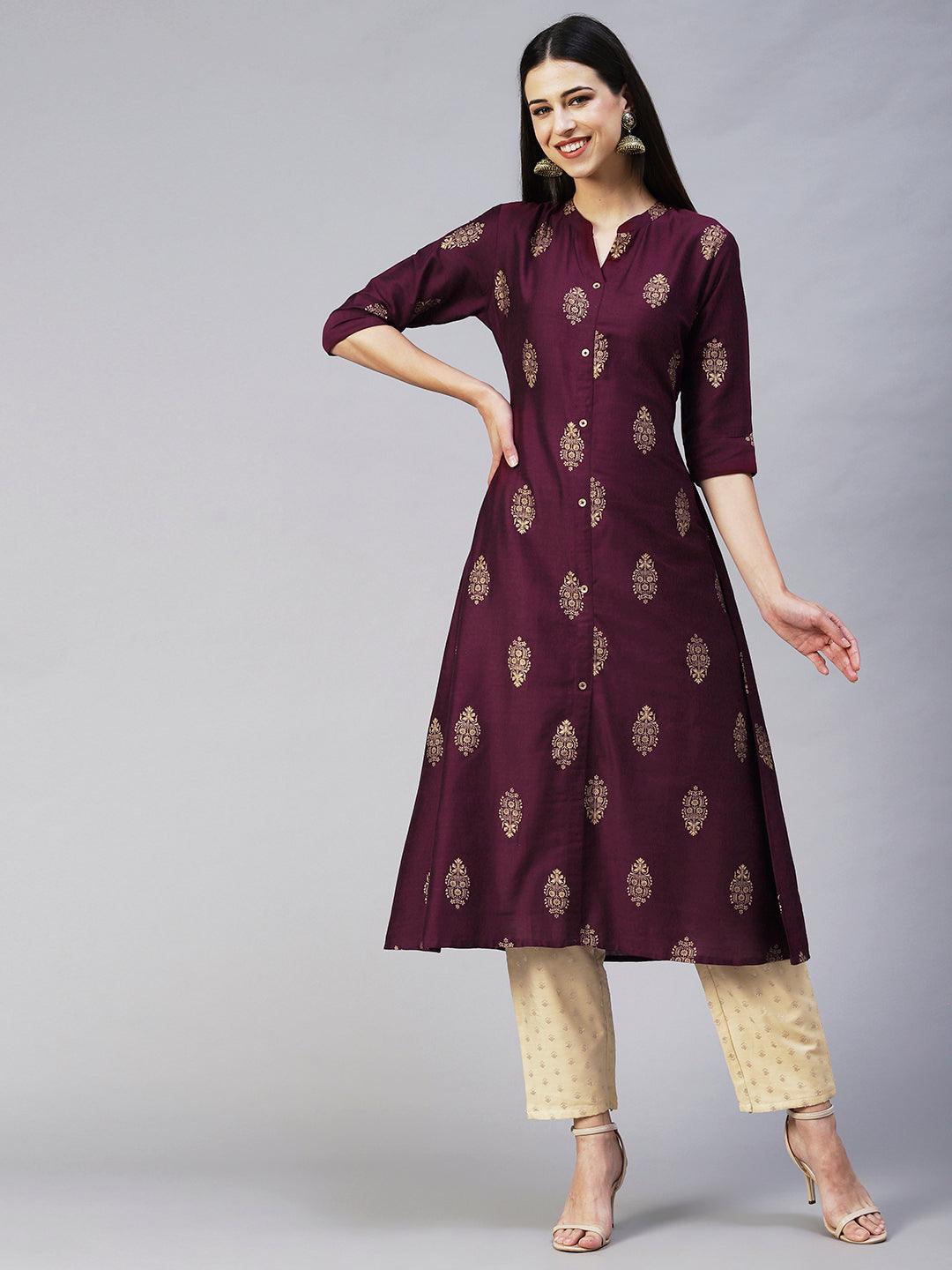 Ethnic Printed A-Line Kurta - Magenta - Indiakreations