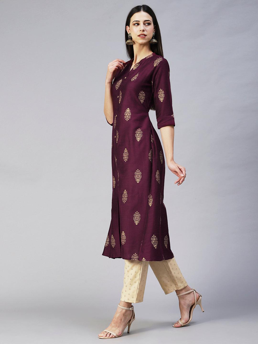 Ethnic Printed A-Line Kurta - Magenta - Indiakreations