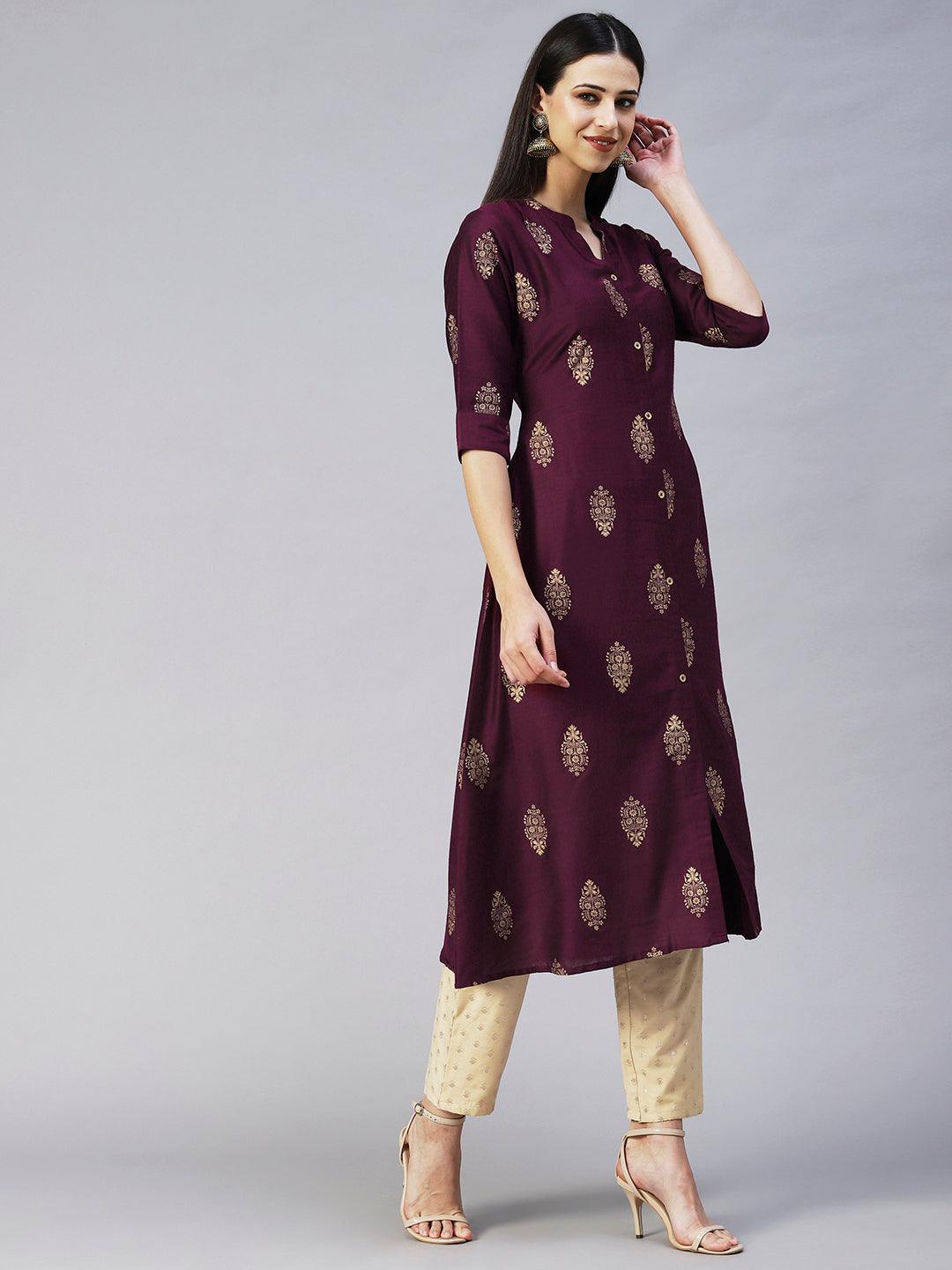 Ethnic Printed A-Line Kurta - Magenta - Indiakreations