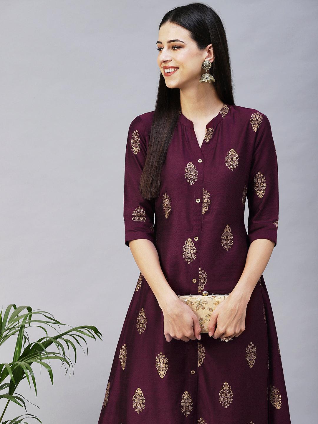 Ethnic Printed A-Line Kurta - Magenta - Indiakreations