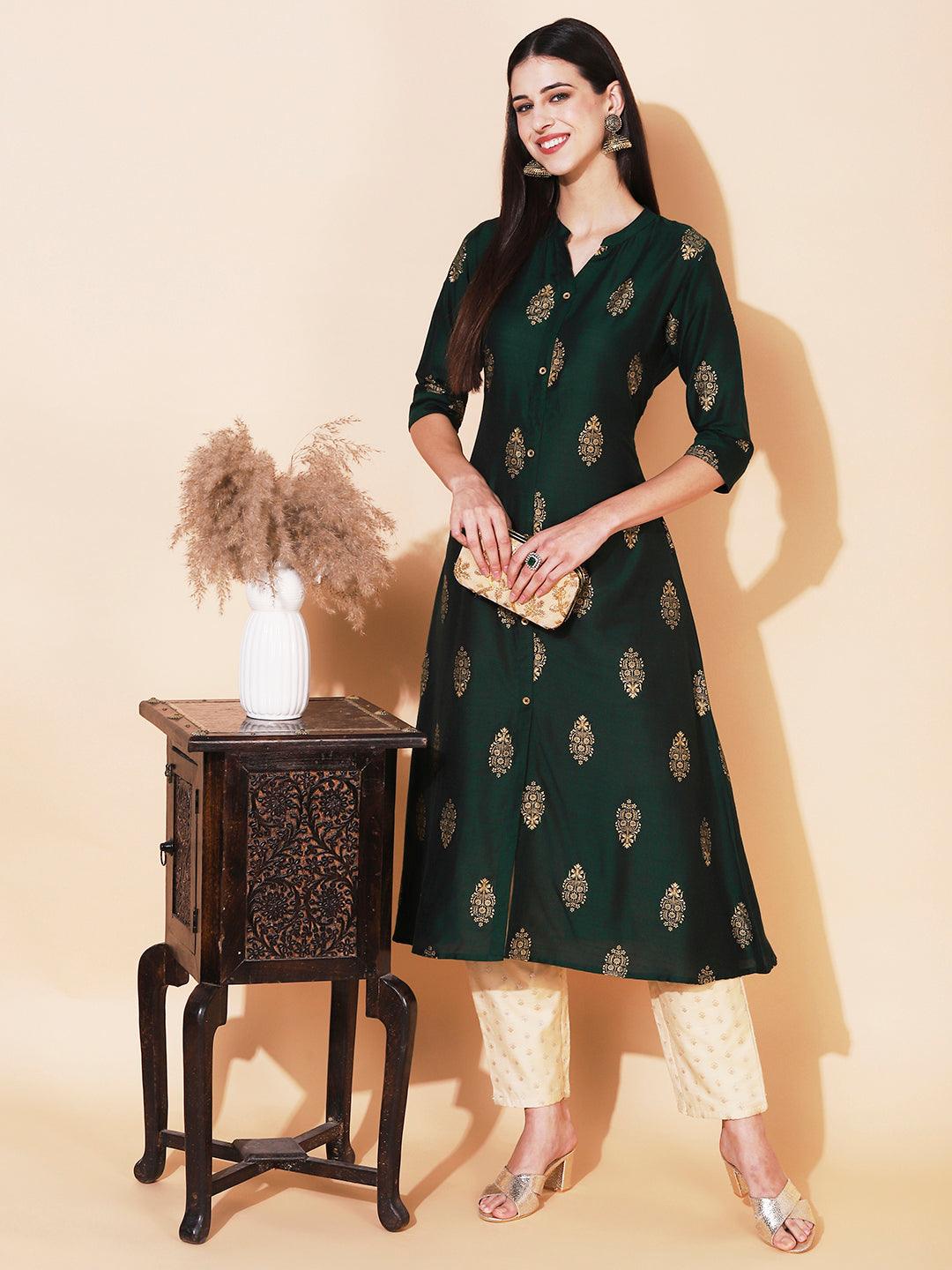 Ethnic Printed A-Line Kurta - Green - Indiakreations