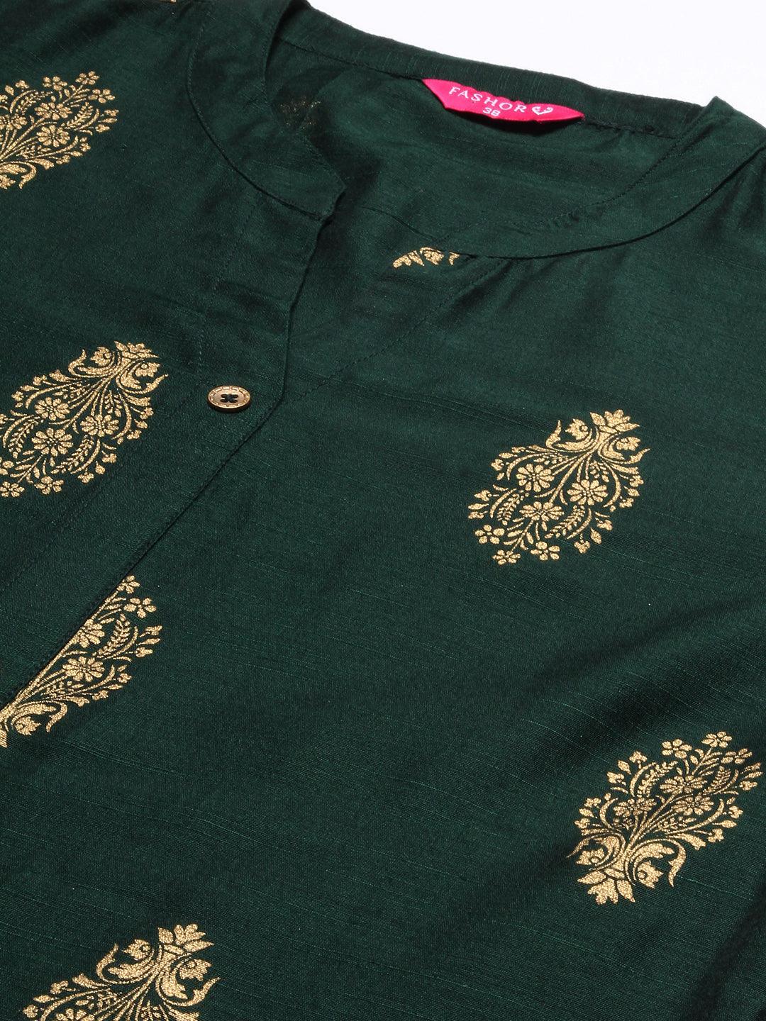 Ethnic Printed A-Line Kurta - Green - Indiakreations