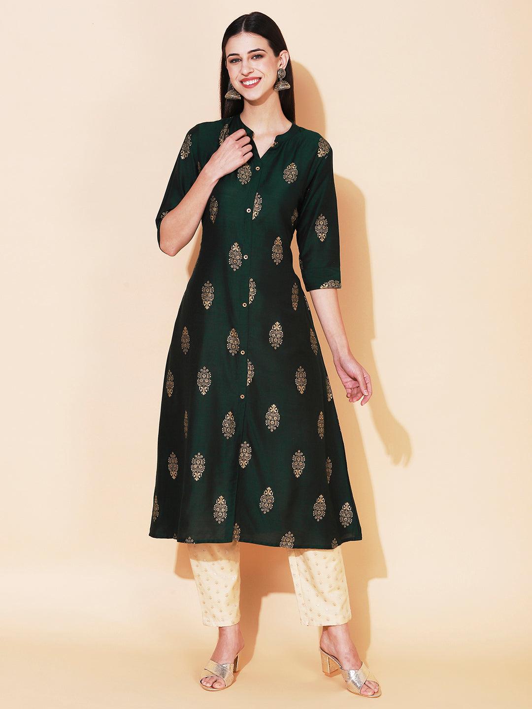 Ethnic Printed A-Line Kurta - Green - Indiakreations