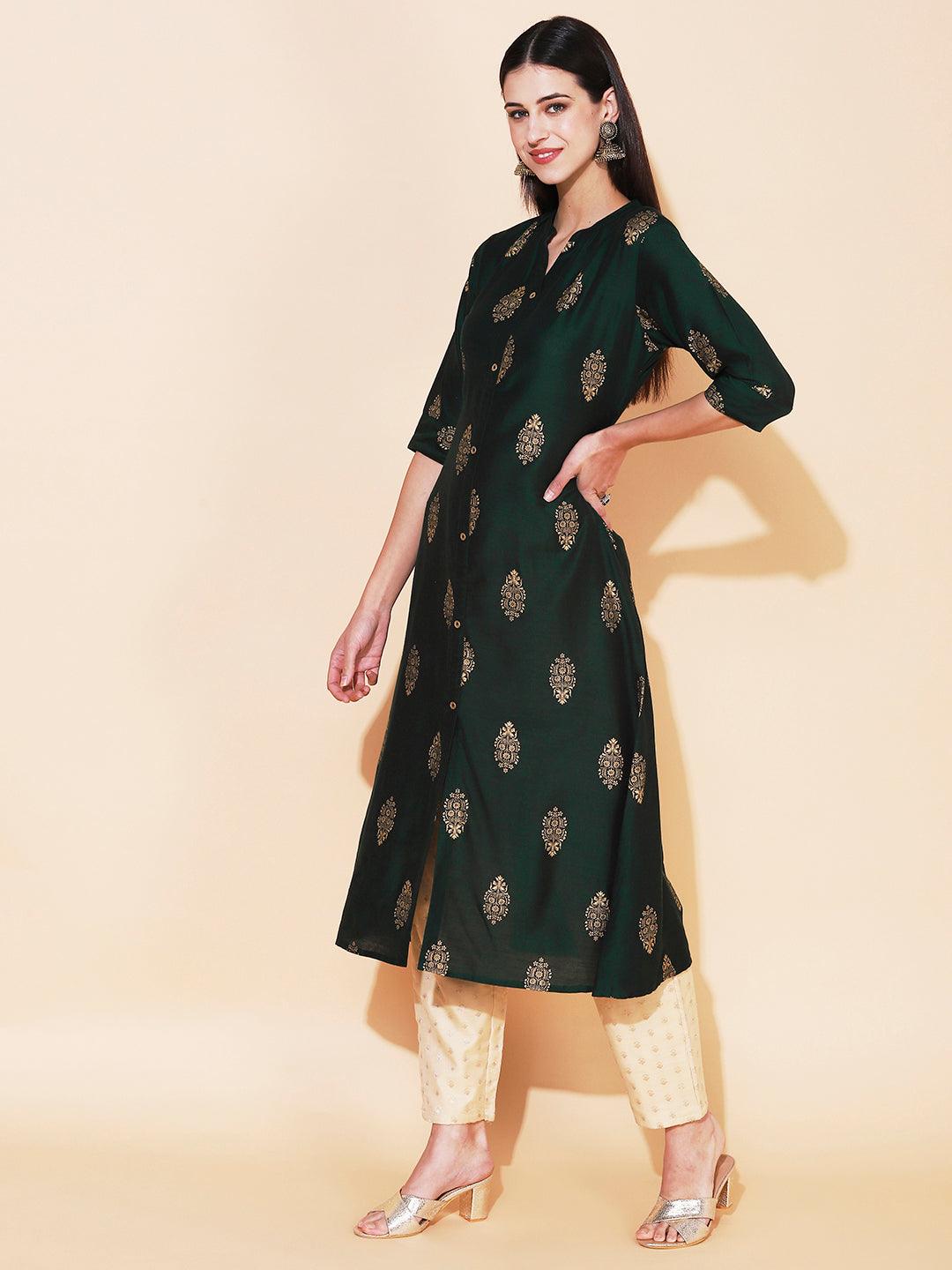 Ethnic Printed A-Line Kurta - Green - Indiakreations