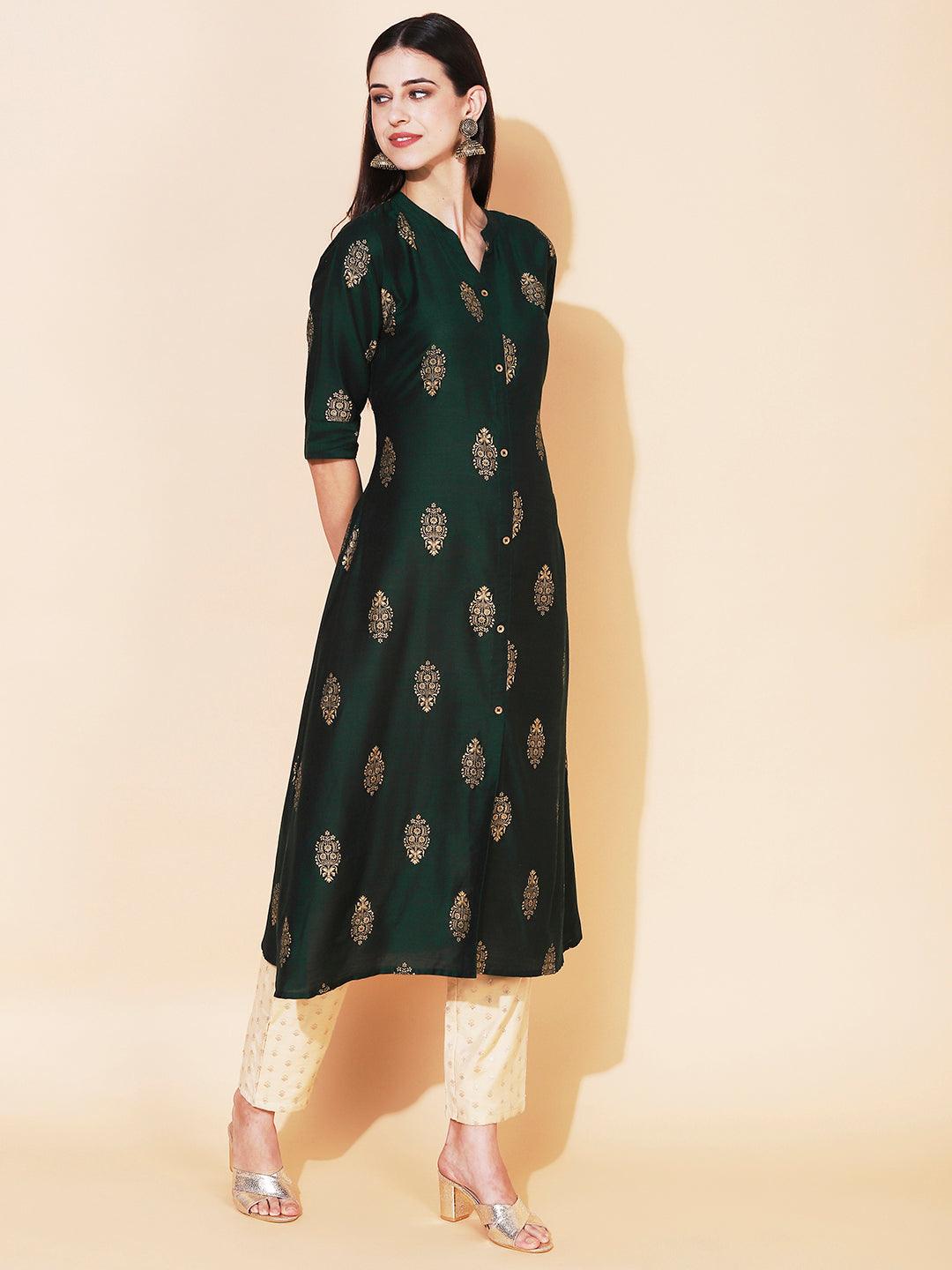 Ethnic Printed A-Line Kurta - Green - Indiakreations