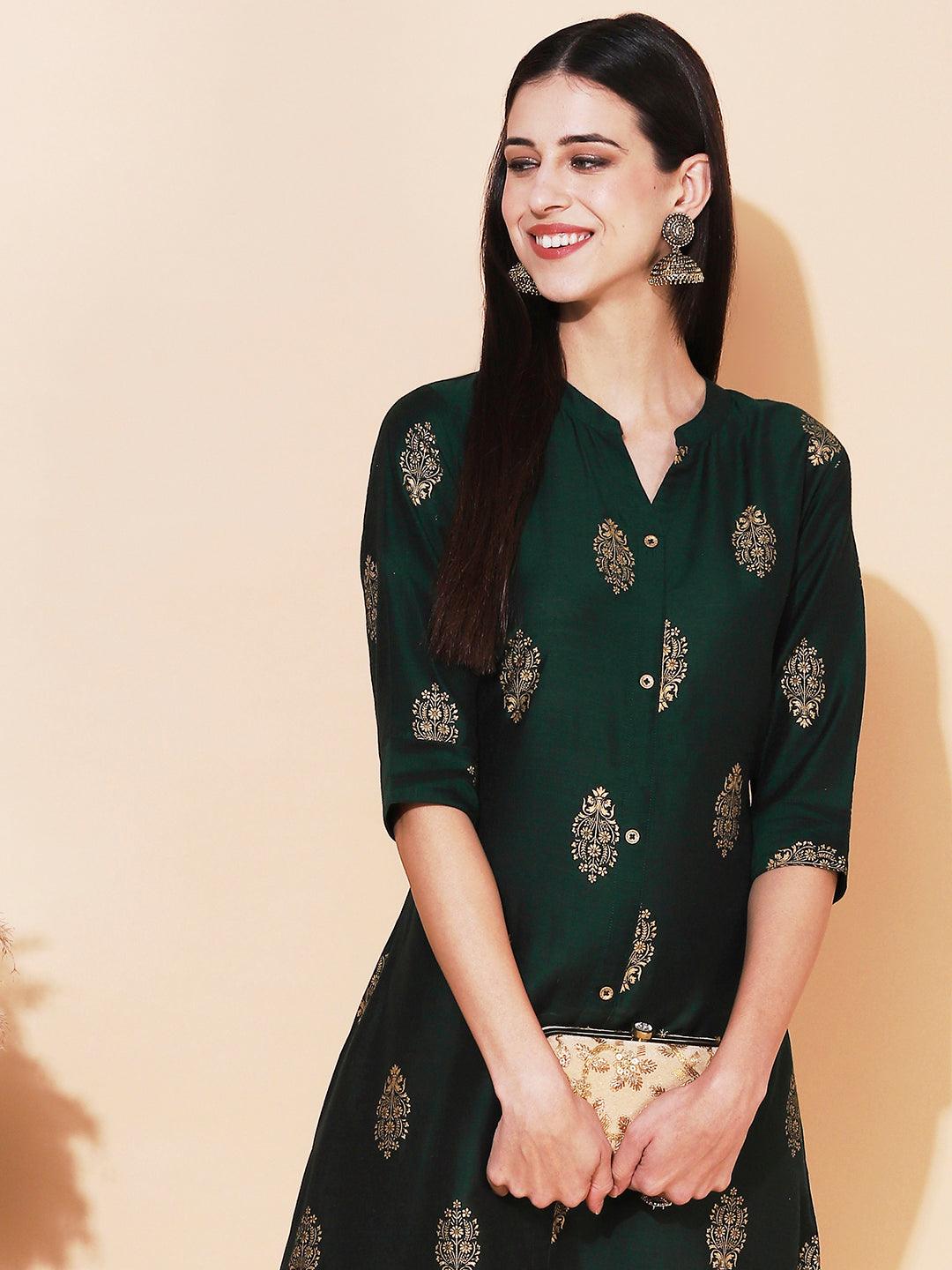 Ethnic Printed A-Line Kurta - Green - Indiakreations