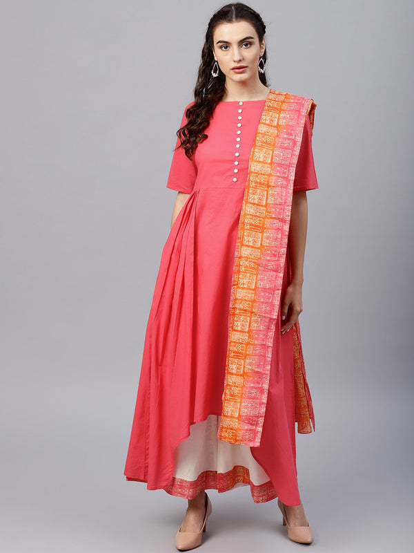 Round Neck Pink Kurta with Palazzo and multi colored dupatta | NOZ2TOZ - Made In INDIA.