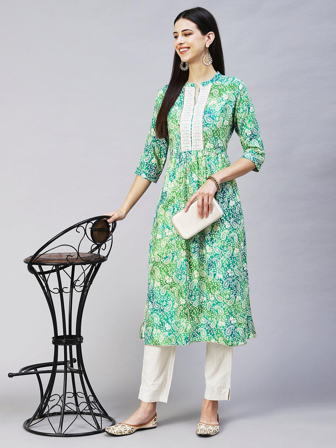 Ethnic Printed & Embroidered A-Line Kurta with Pant - Green - Indiakreations