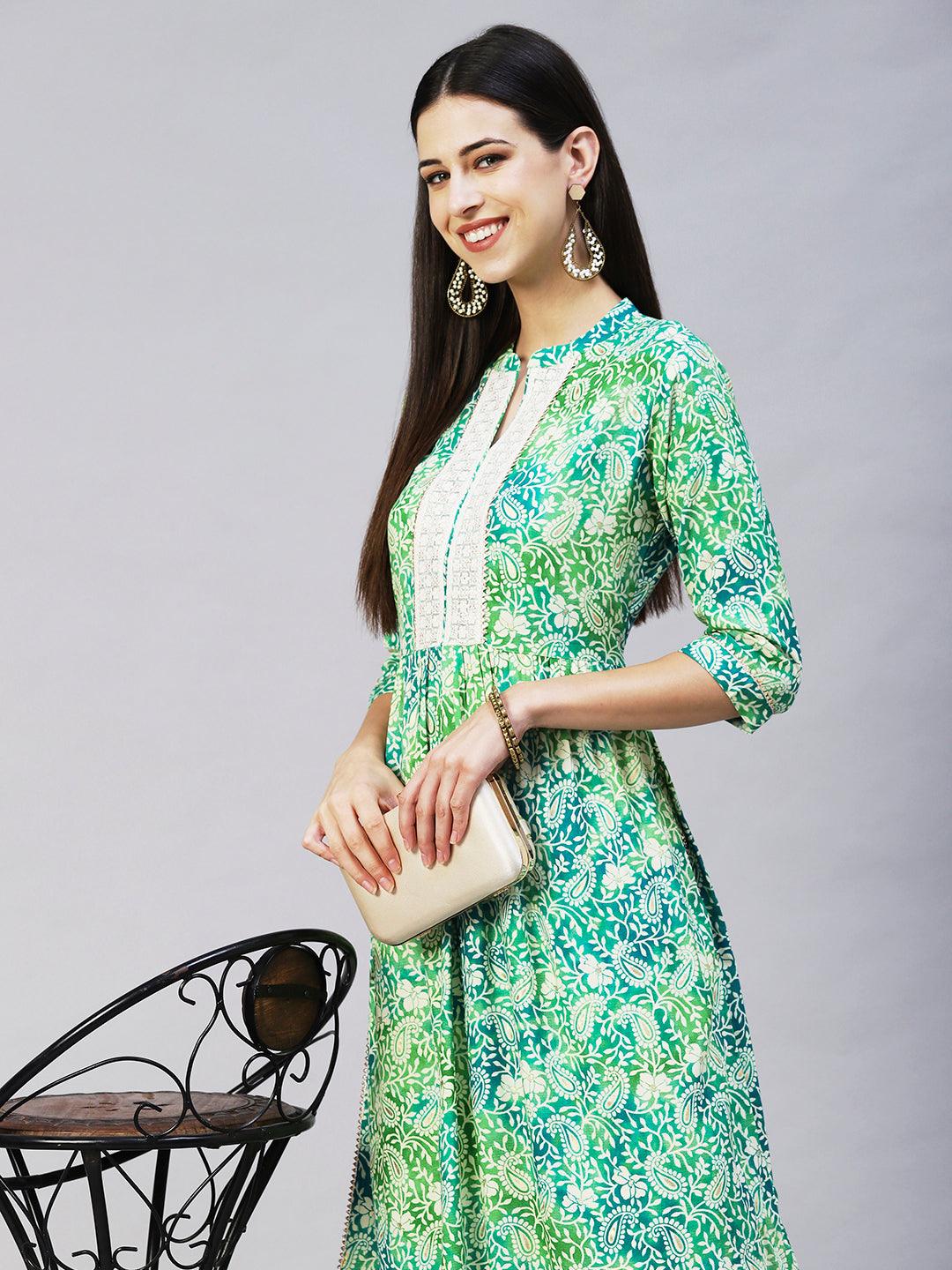 Ethnic Printed & Embroidered A-Line Kurta with Pant - Green - Indiakreations