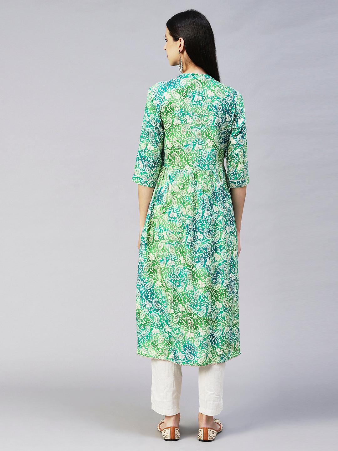 Ethnic Printed & Embroidered A-Line Kurta with Pant - Green - Indiakreations