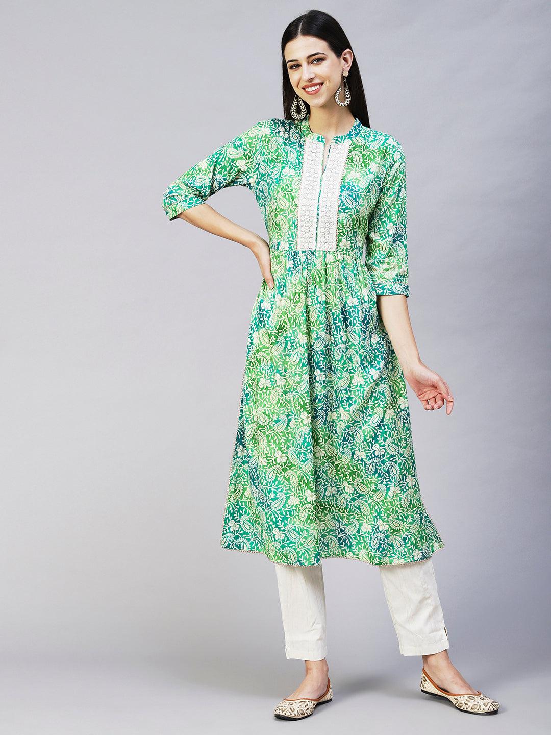 Ethnic Printed & Embroidered A-Line Kurta with Pant - Green - Indiakreations