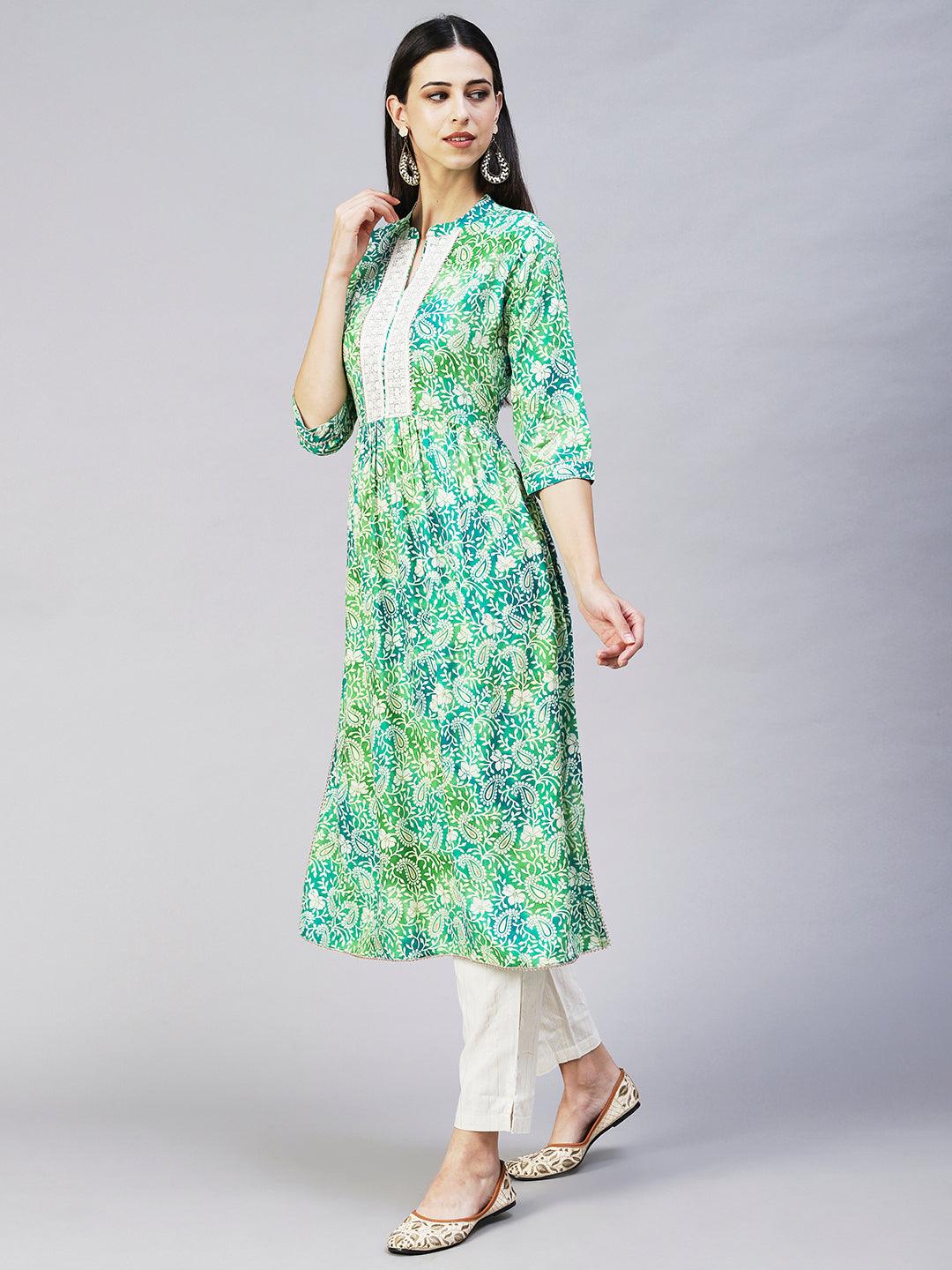 Ethnic Printed & Embroidered A-Line Kurta with Pant - Green - Indiakreations