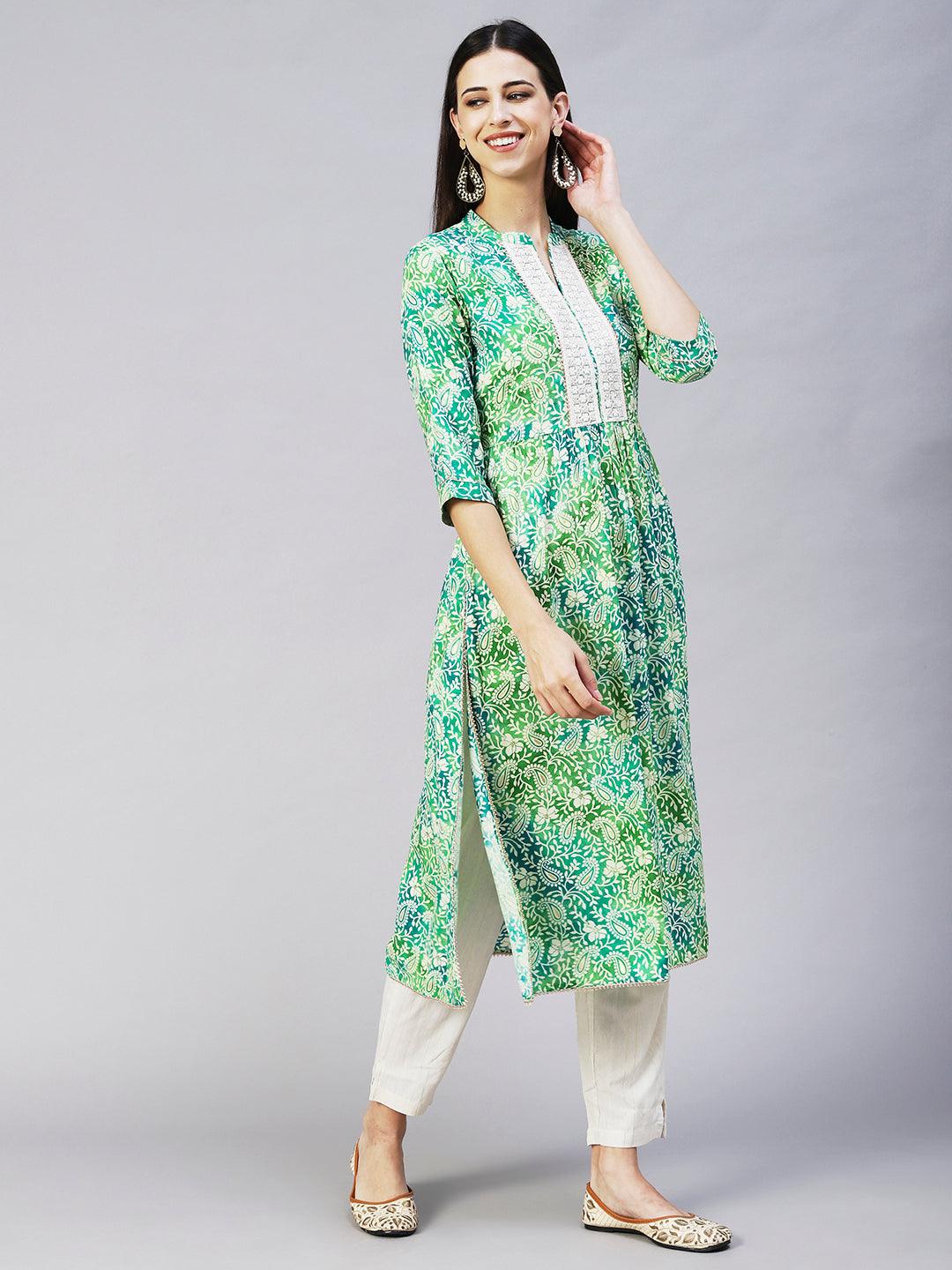 Ethnic Printed & Embroidered A-Line Kurta with Pant - Green - Indiakreations