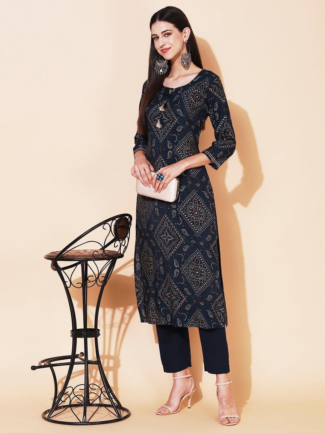 Bandhani Printed Straight Fit Kurta with Pant - Navy Blue - Indiakreations