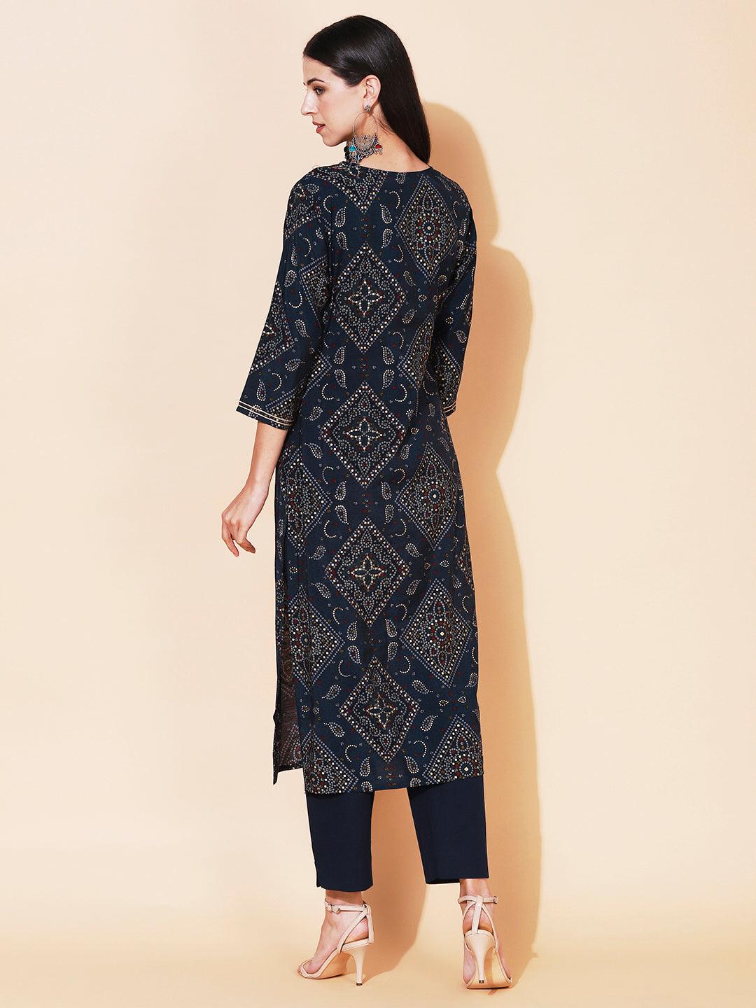 Bandhani Printed Straight Fit Kurta with Pant - Navy Blue - Indiakreations