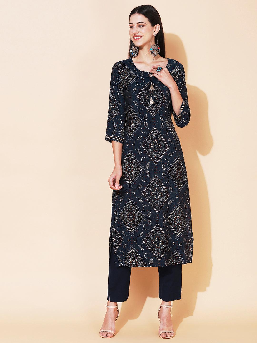 Bandhani Printed Straight Fit Kurta with Pant - Navy Blue - Indiakreations