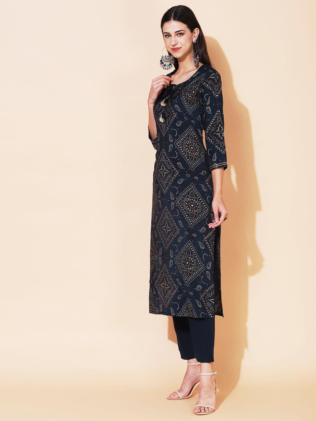 Bandhani Printed Straight Fit Kurta with Pant - Navy Blue - Indiakreations