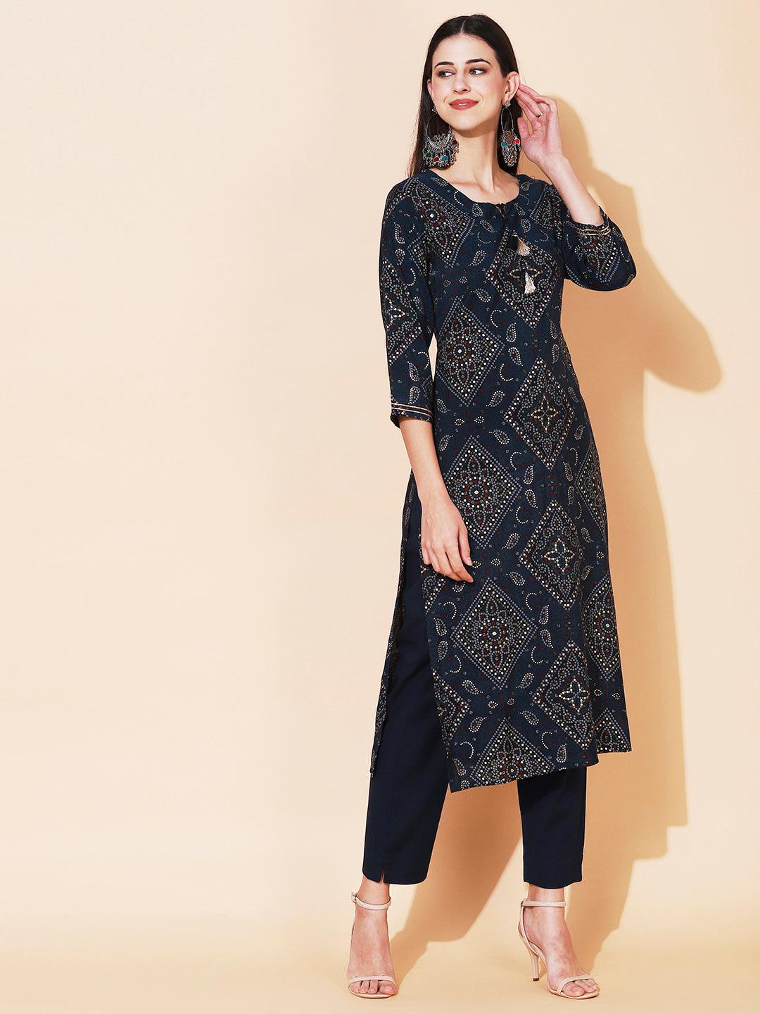 Bandhani Printed Straight Fit Kurta with Pant - Navy Blue - Indiakreations