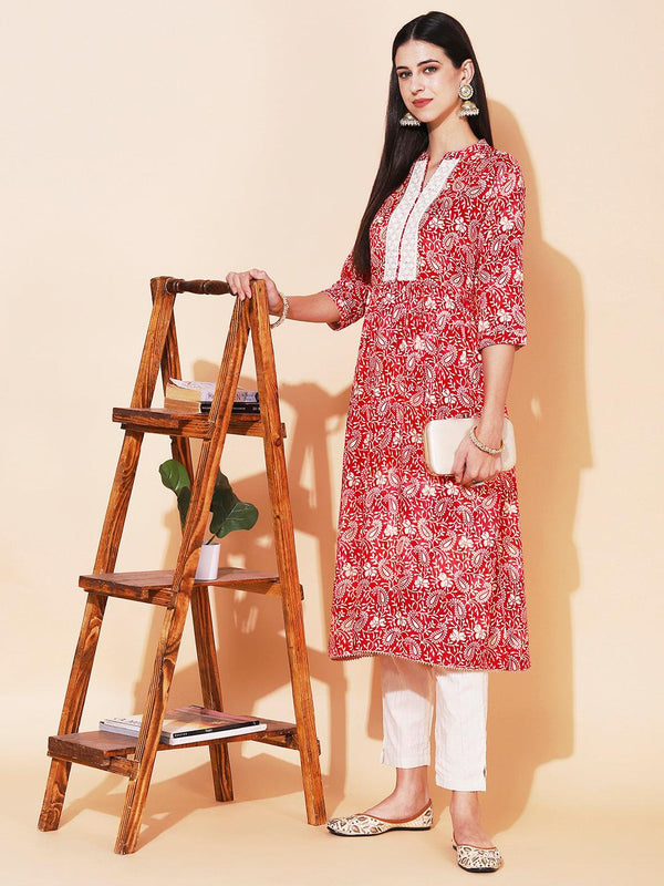 Ethnic Printed & Embroidered A-Line Kurta with Pant - Rani Pink - Indiakreations