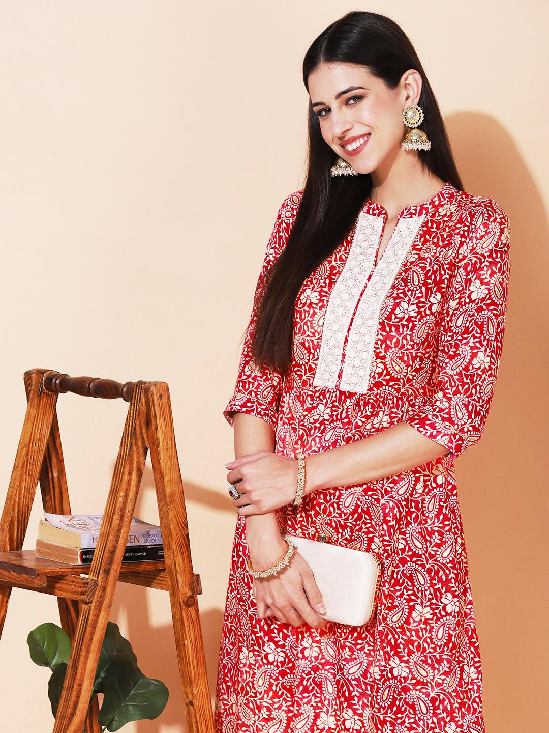 Ethnic Printed & Embroidered A-Line Kurta with Pant - Rani Pink - Indiakreations