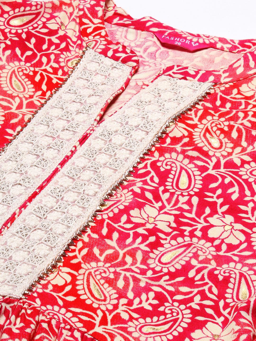 Ethnic Printed & Embroidered A-Line Kurta with Pant - Rani Pink - Indiakreations