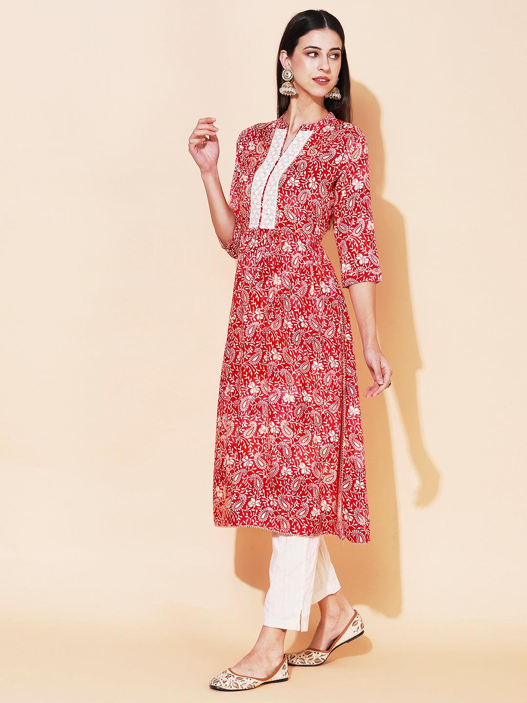 Ethnic Printed & Embroidered A-Line Kurta with Pant - Rani Pink - Indiakreations