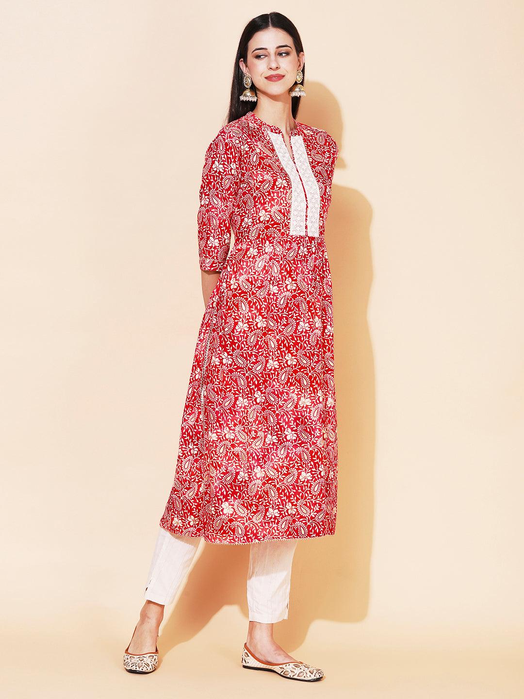 Ethnic Printed & Embroidered A-Line Kurta with Pant - Rani Pink - Indiakreations