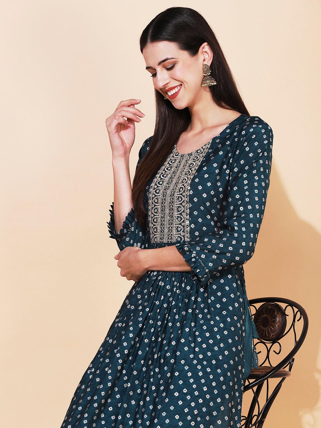 Bandhani Printed & Embroidered A-Line Kurta with Pant - Dark Green - Indiakreations