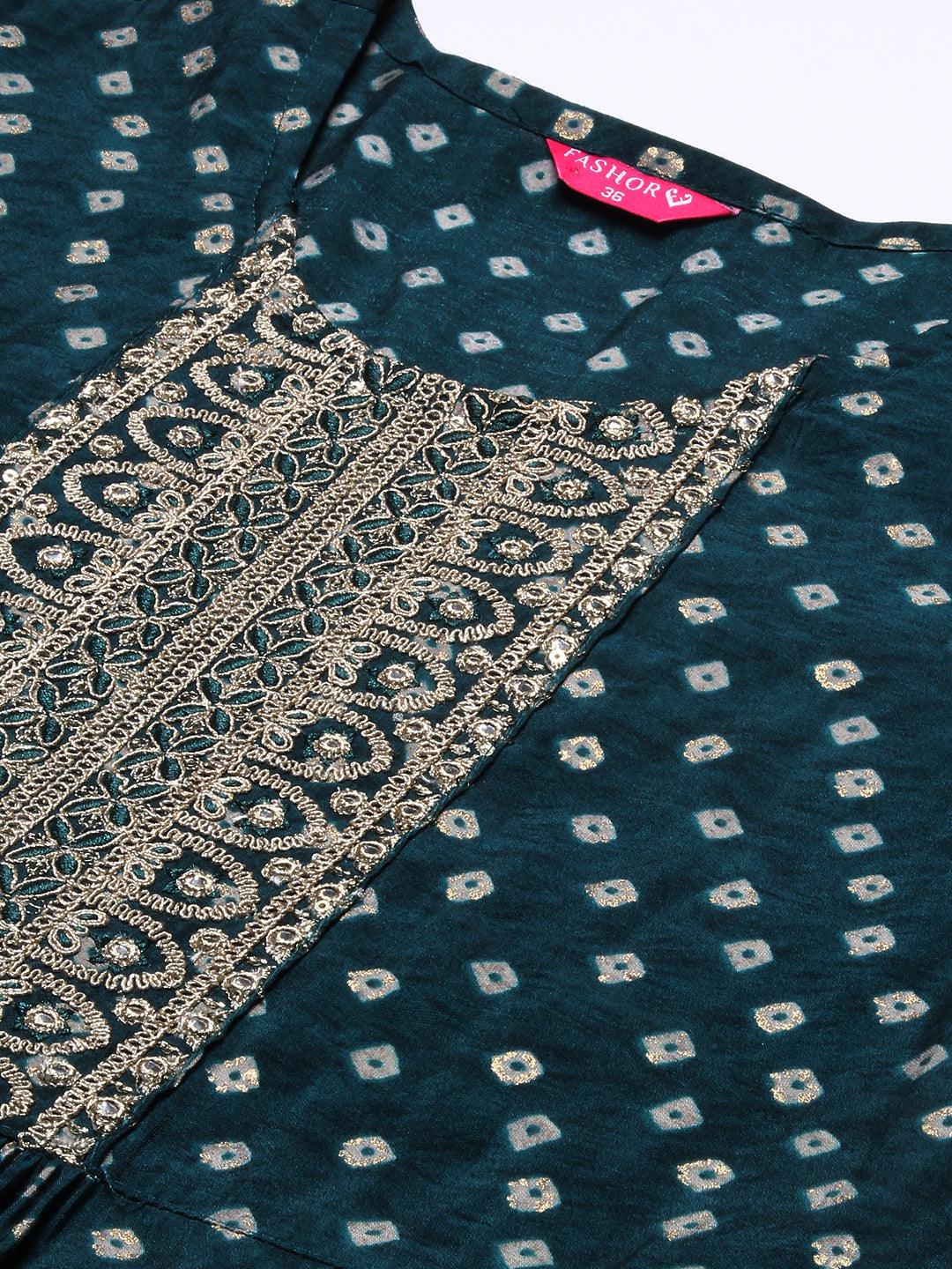 Bandhani Printed & Embroidered A-Line Kurta with Pant - Dark Green - Indiakreations