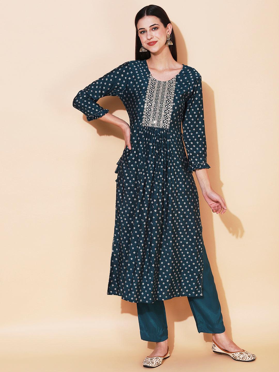 Bandhani Printed & Embroidered A-Line Kurta with Pant - Dark Green - Indiakreations