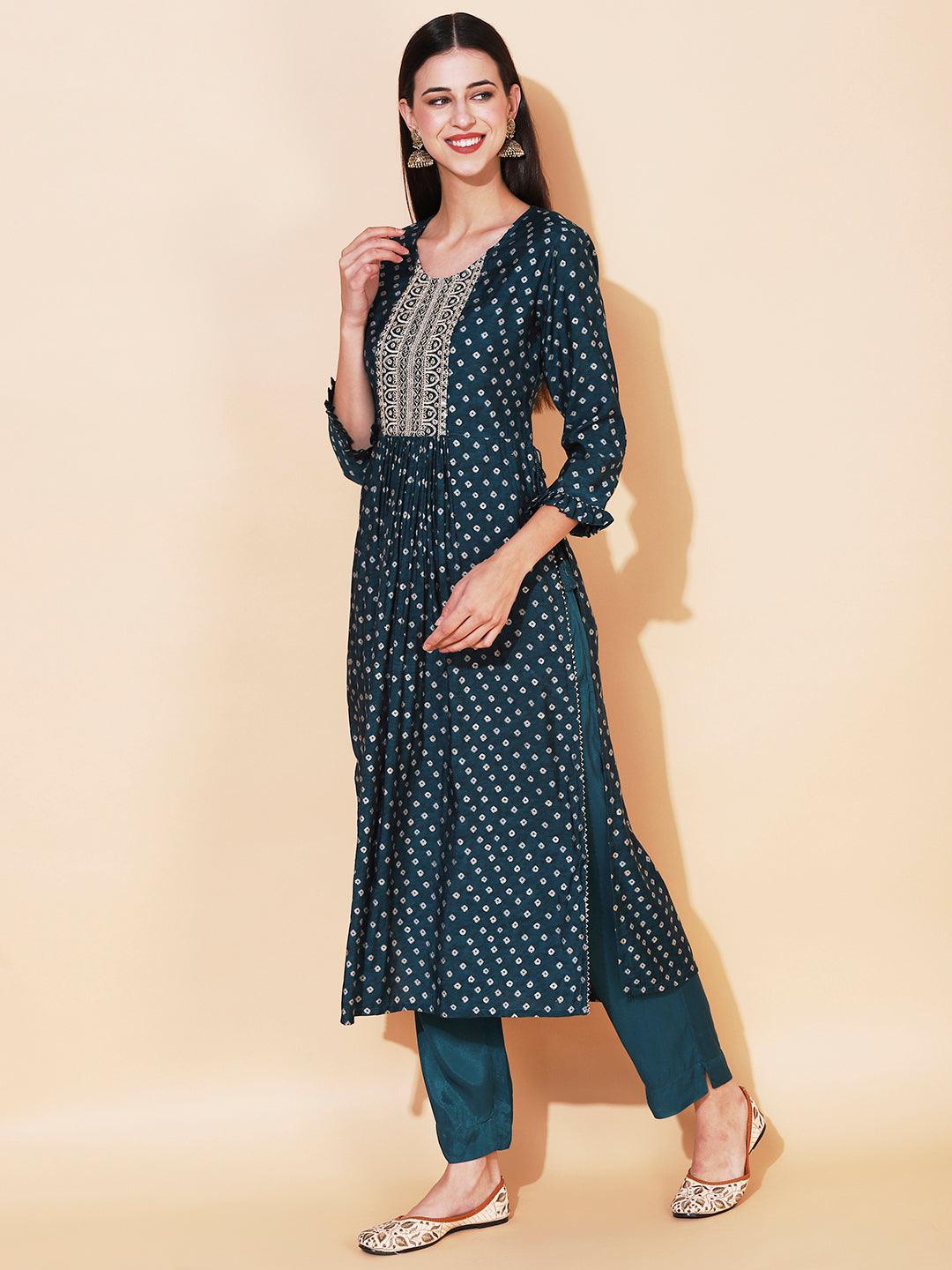 Bandhani Printed & Embroidered A-Line Kurta with Pant - Dark Green - Indiakreations